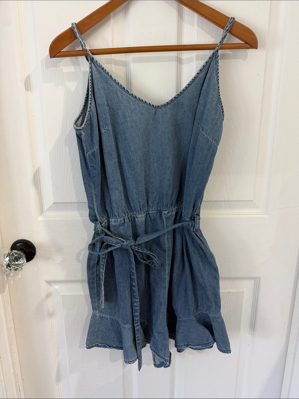 One-Piece denim Romper in Light Blue - Sleeveless Tie-Waist
